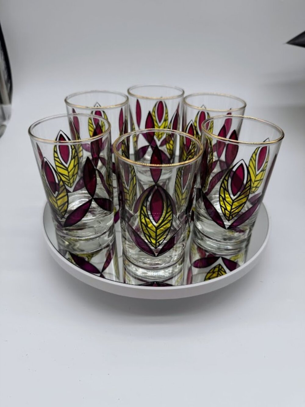 Vintage Mid Century Stained Glass Leaf Tumblers Set of 6 Gold Rim Barware